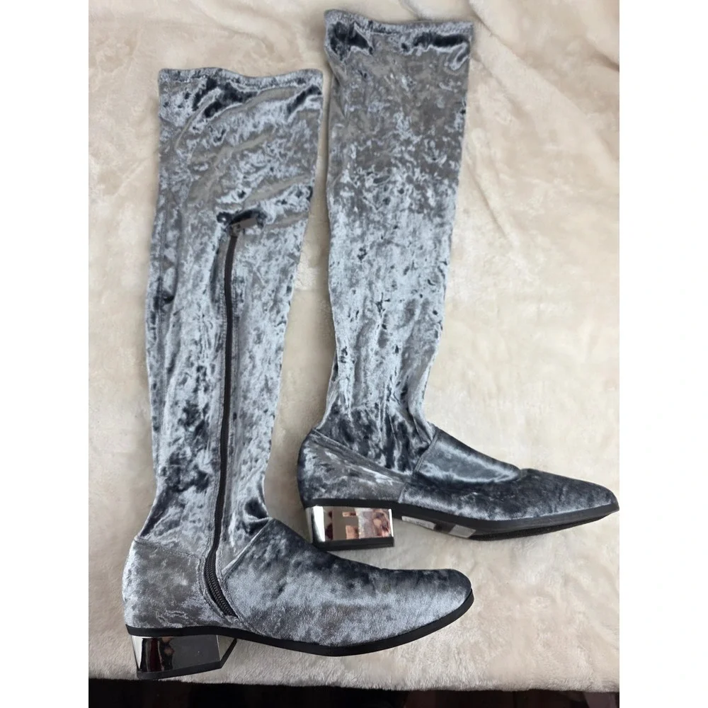 Bamboo Womens Thigh High Boots Grey Velvet Block Heel‎ Zip Up Size 9